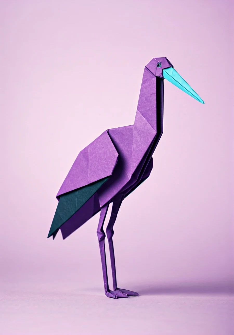 An origami stork folded from paper — the Flowtly mark