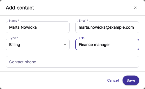 Kontaktformular mit Feldern für Name, E-Mail und Typ