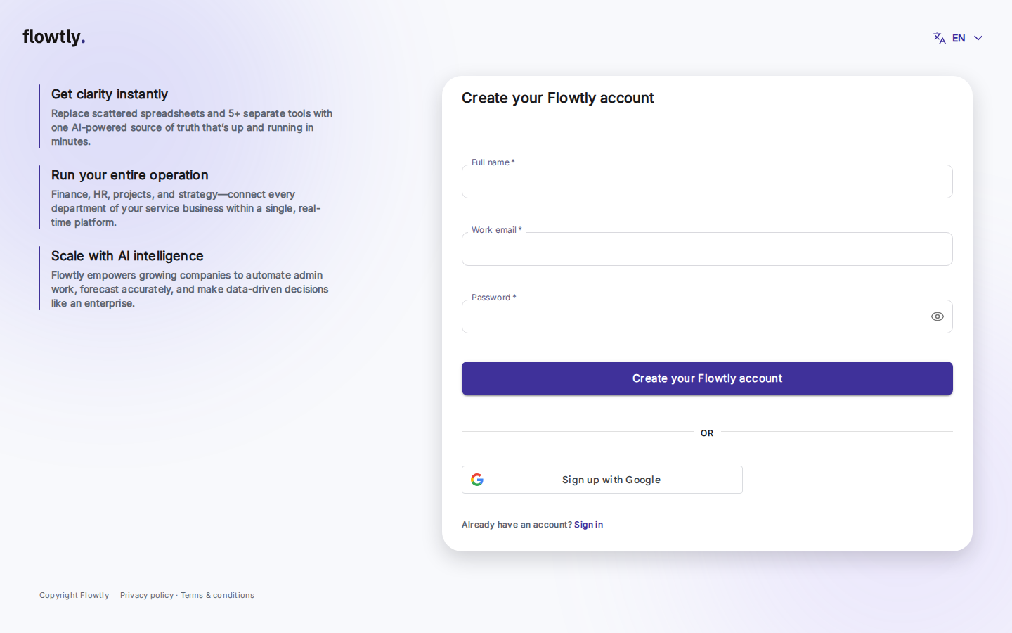 Auf einem Browser geöffnetes Flowtly-Registrierungsformular